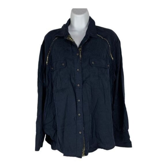 Free People Navy Button-Up Shirt With Gold Accents & Front Pockets Size Medium - Picture 1 of 7